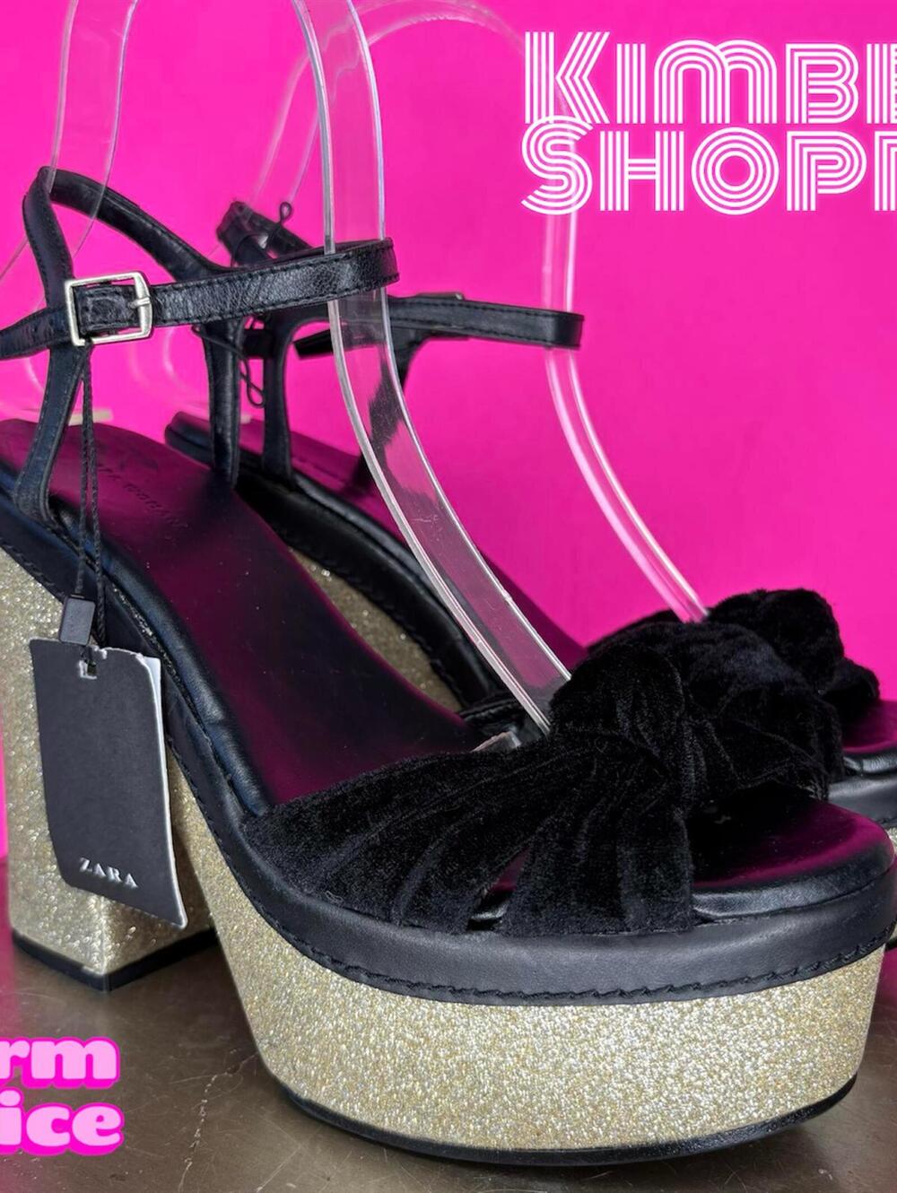 Zara Black Velvet Knot Gold Sparkly Platform Sandal EU 36 US 6